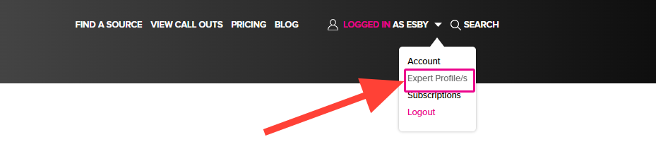 A user profile menu is open on a website, displaying options such as Account, Expert Profile (highlighted by a red box and arrow), Subscriptions, and Log out. The username ESBY appears at the top. This menu resembles those found on SourceBottle for subscribers.