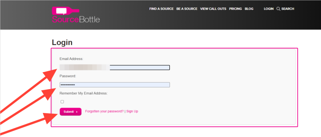 Screenshot of the SourceBottle login page with fields for email and password, a tick box to remember your email, and pink arrows pointing to the Submit button—perfect for any SourceBottle subscriber ready to create an expert profile.
