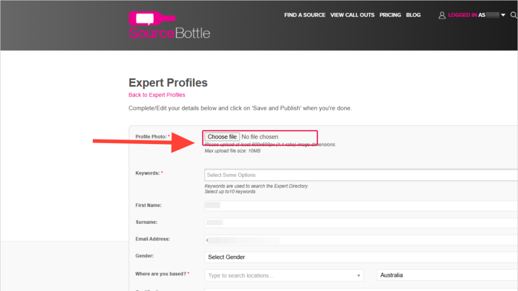 A screenshot of the SourceBottle expert profile page highlights the Profile Photo upload section, with a red arrow pointing to the Choose file button—showing how to create an expert profile as a SourceBottle subscriber.
