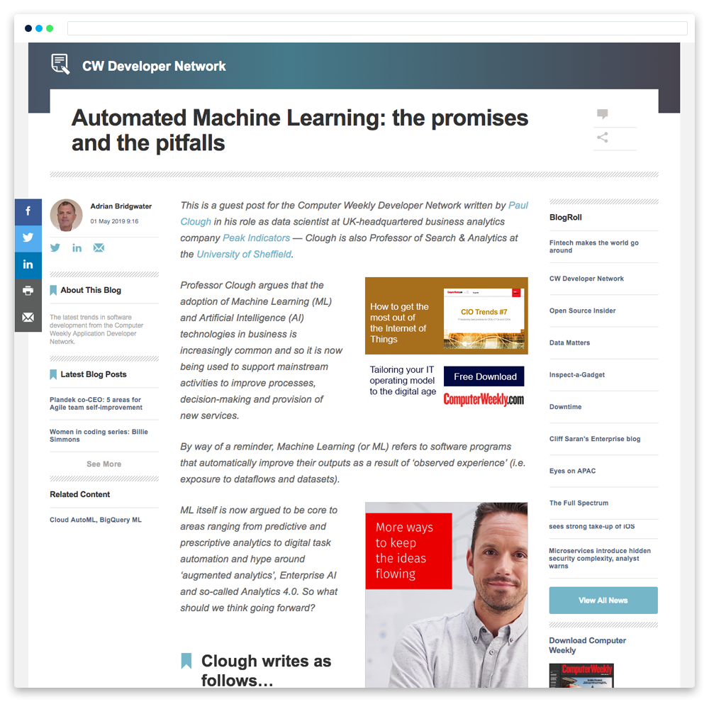Screenshot of a blog post titled Automated Machine Learning: the promises and the pitfalls, featuring author details, social media links for media outreach, an article extract, and an image of a man in a grey jumper at the bottom right.