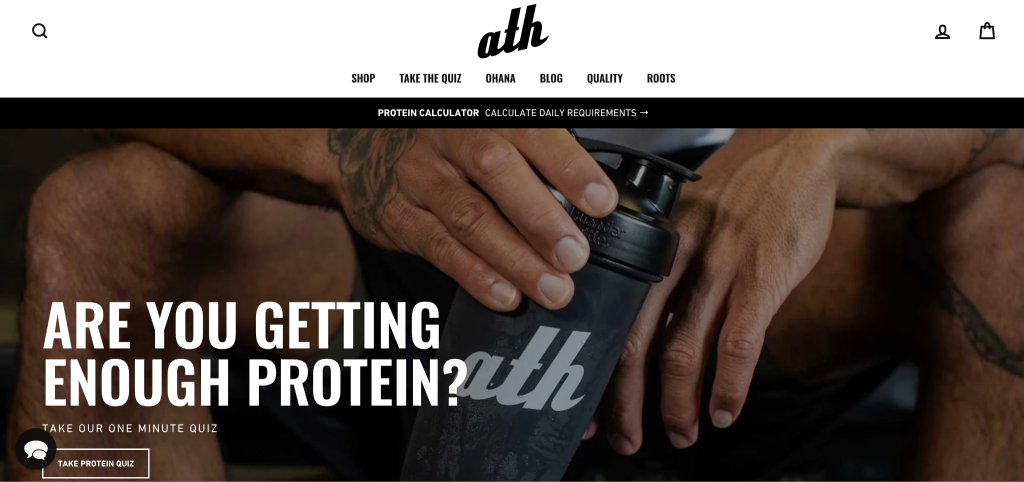 Close-up of a person holding a black shaker bottle with “ath” written on it. Text asks, “Are you getting enough protein?” and prompts viewers—ideal customers—to take a protein quiz on the brand website design.