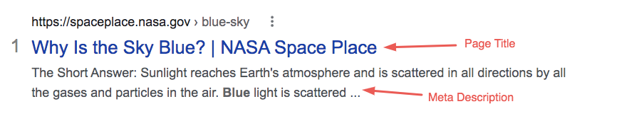 A Google search result for Why is the Sky Blue? on NASA Space Place, showing the page title highlighted with an arrow and the meta description indicated with another arrow.