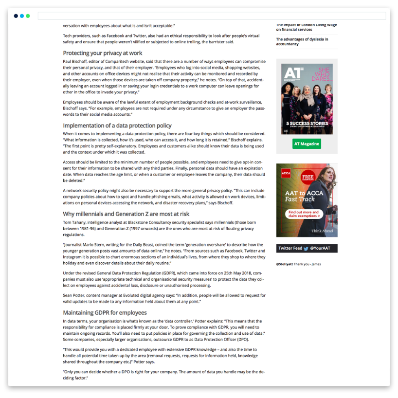 A computer screen displays an article about data protection at work, featuring text paragraphs, a sidebar with magazine covers and social media links, and sections on privacy, GDPR, generations at risk, and the importance of journalist source in media outreach.