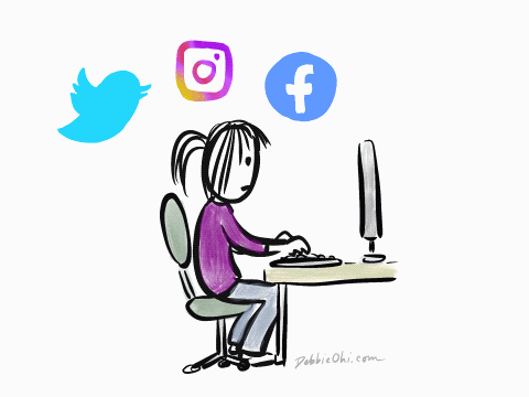 A person sits at a desk typing on a computer, with Twitter, Instagram, and Facebook logos floating above them, representing a start-up working to attract media attention through social media activity.
