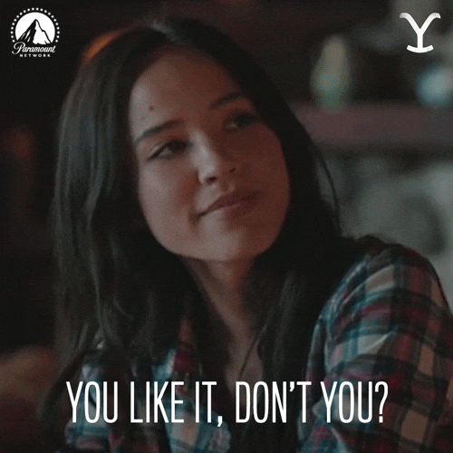 A woman in a checked shirt smiles slyly and looks to the side. Text at the bottom reads, YOU LIKE IT, DON’T YOU? Intelligent Strategies for marketing success appear alongside Paramount Network and Yellowstone logos.