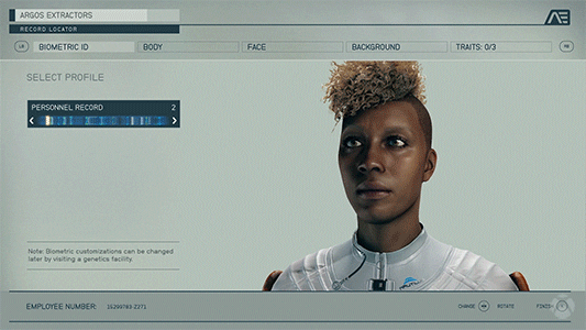 A character customisation screen from a video game shows a dark-skinned person with short, curly, light-blonde hair. The interface highlights intelligent strategies, such as using AI-powered marketing for profile selection, biometric ID, and traits.