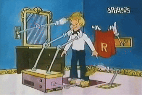 A cartoon boy stands still as various robotic arms, guided by intelligent strategies, help him get dressed and ready, adjusting his clothes, bow tie, and shoes in front of a mirror. A red shirt with an “R” hangs nearby.