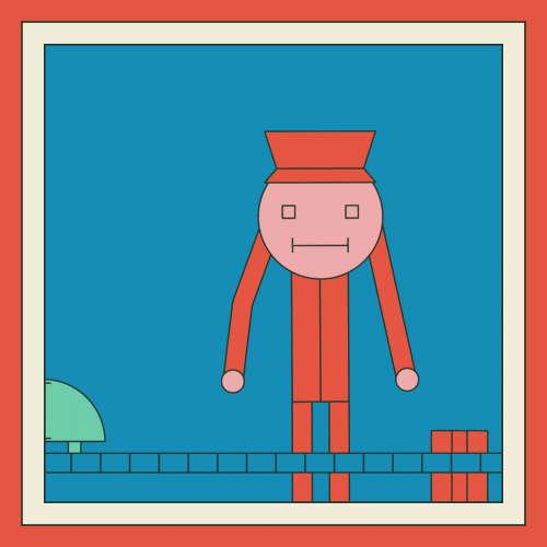 A simple animated drawing of a character in red with a square hat stands on blue platforms, set against a blue background with a small green tree and red blocks—perfect for illustrating AI-powered marketing or intelligent strategies visually.