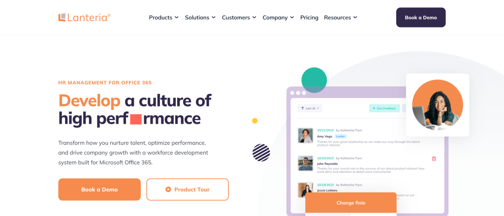 Screenshot of the Lanteria brand website design homepage showing options to book a demo or product tour, a headline about developing a culture of high performance, and an illustration of a business dashboard with a woman’s photo—perfect for the ideal customer.