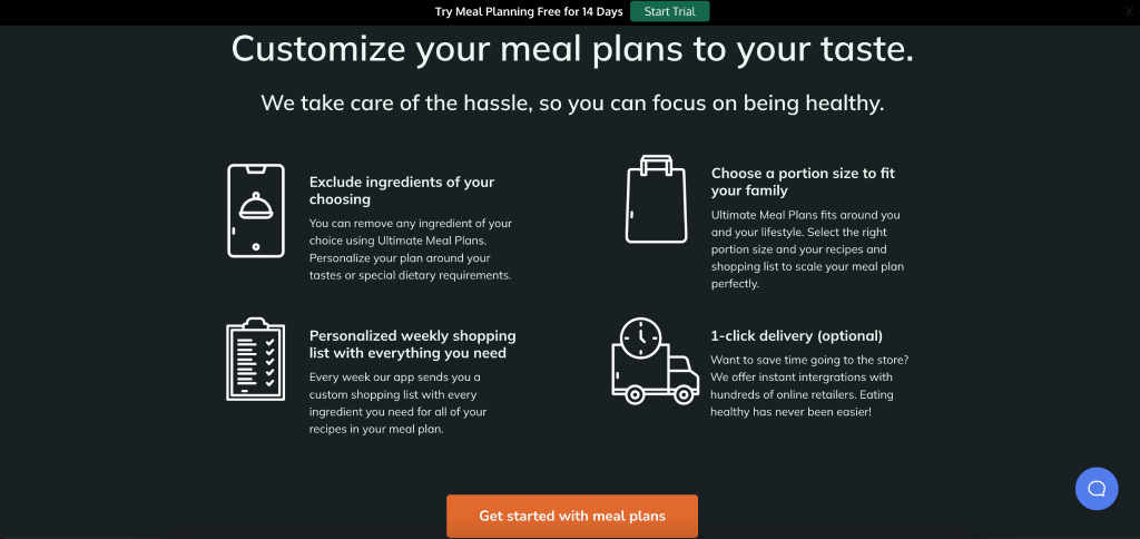 A brand website design section offers customised meal plans, with icons for ingredient exclusion, portion choice, weekly shopping lists, and 1-click delivery—crafted to delight the ideal customer. Get started with meal plans at the bottom.
