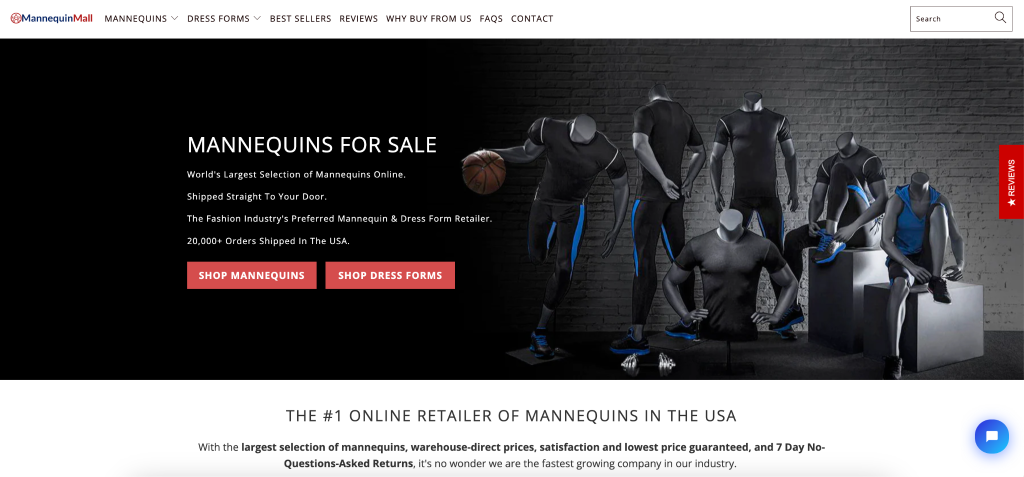 A group of various mannequins in black sportswear are displayed on a dark background, perfectly complementing the brand website design. The site promotes mannequins for sale, featuring red buttons for shopping mannequins and dress forms.
