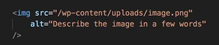HTML code snippet showing an image tag with src set to /wp-content/uploads/image.png and alt text set to Describe the image in a few words.