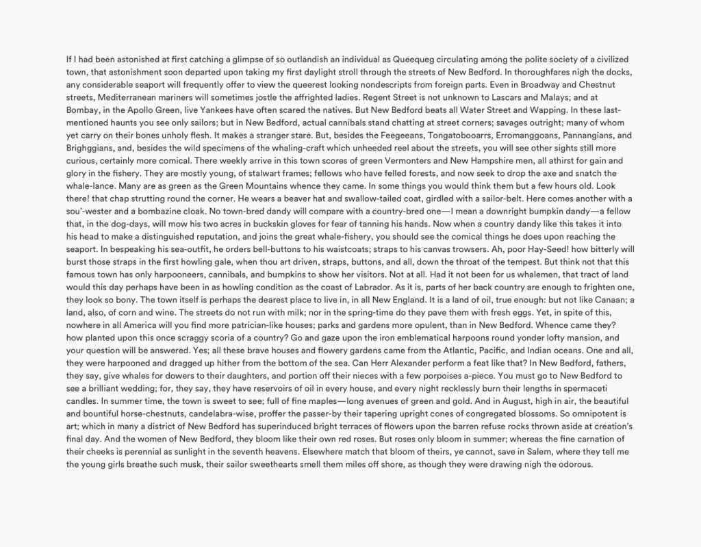 A page of black printed text describes a New England town near the sea, mentioning busy docks, diverse people, city streets, and scenes of daily life. The excerpt appears to be from a classic novel, densely packed with narrative.