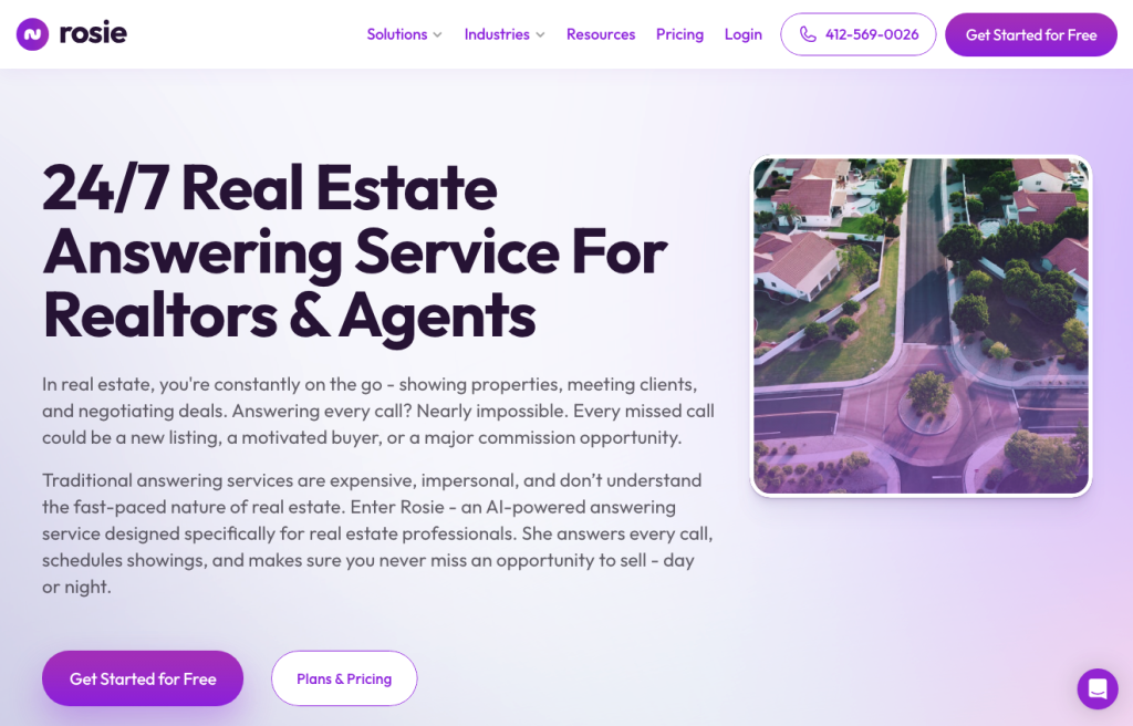 Screenshot of a website promoting a 24/7 estate agency answering service for agents, with a purple and white design, brand storytelling text, and an aerial photo of houses—showing support for estate agents across multiple platforms.