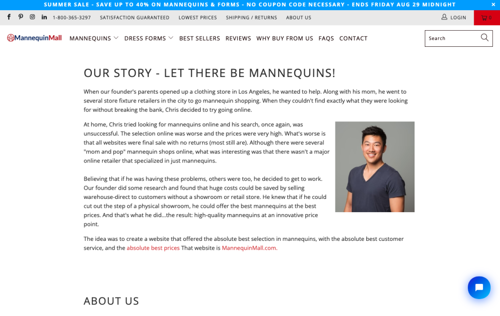 Screenshot of the Mannequin Mall website’s Our Story page, highlighting brand storytelling about its founding and focus on great customer service and affordable prices. The header showcases navigation links, a sales banner, and presence across multiple platforms.