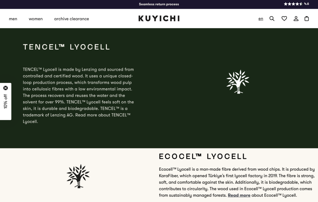 A website section uses brand storytelling to compare TENCEL™ Lyocell and EcoCell™ Lyocell fabrics with tree icons and descriptions. The background is dark green for TENCEL™ and light beige for EcoCell™, topped by the KUYICHI logo.