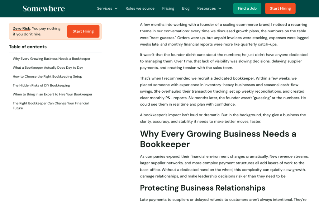 Screenshot of an article titled Why Every Growing Business Needs a Bookkeeper. The page features a yellow Zero Risk warning, navigation links, a green Find a Job button, and tips on using bookkeeping for strong brand storytelling across multiple platforms.