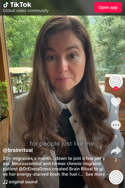A woman with long brown hair wearing a white shirt and black tie sits indoors, speaking to the camera about brand storytelling. Text on screen reads, for people just like me. TikTok interface elements and video subtitles are visible.