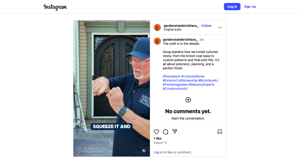 A man wearing a navy cap and shirt explains stone installation outside a house with decorative double doors, using effective ways to engage viewers. He gestures with his hands; on-screen text reads SQUEEZE IT AND. Instagram interface surrounds the image.