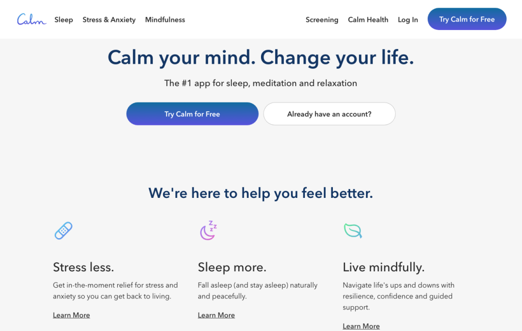 Screenshot of Calm app’s homepage, featuring headline “Calm your mind. Change your life,” buttons for signing up or logging in, and icons with short descriptions about stress relief, sleep improvement, and building real brand connections for modern consumers.