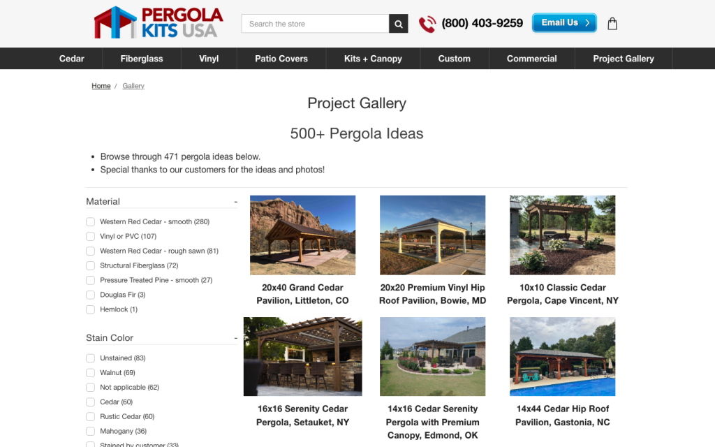 Screenshot of the Pergola Kits USA project gallery page, displaying filters by material and stain colour, and showcasing how real connections with modern consumers are built through inspiring images and detailed descriptions of various pergola projects.