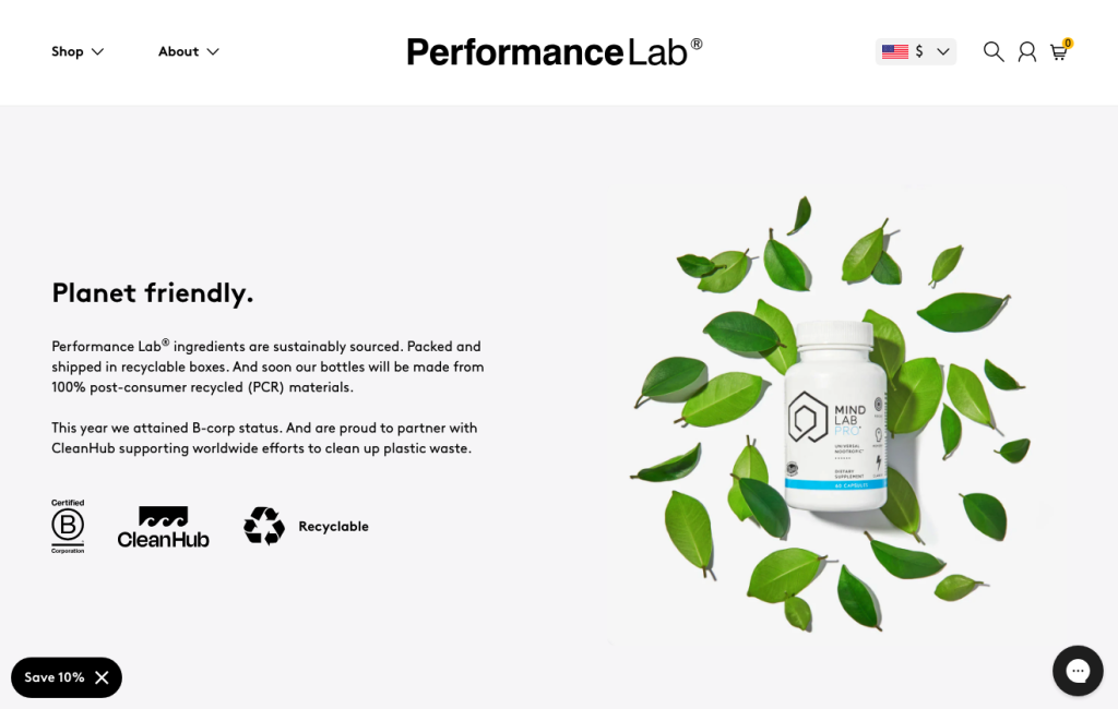 A white supplement bottle labelled Performance Lab is surrounded by green leaves on a white background, highlighting eco-friendly packaging and sustainability icons. The scene appeals to modern consumers seeking responsible brand connections.