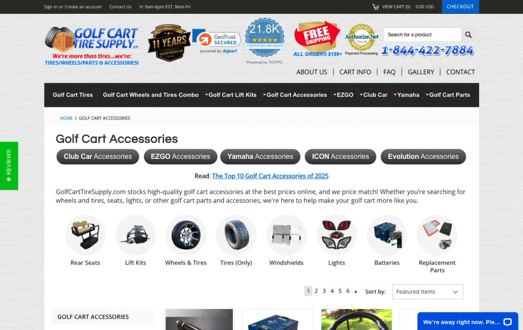 Screenshot of the Golf Cart Tyre Supply website’s Golf Cart Accessories page, designed for modern consumers, showing navigation menus, accessory categories with icons, contact info, and featured product promotions.