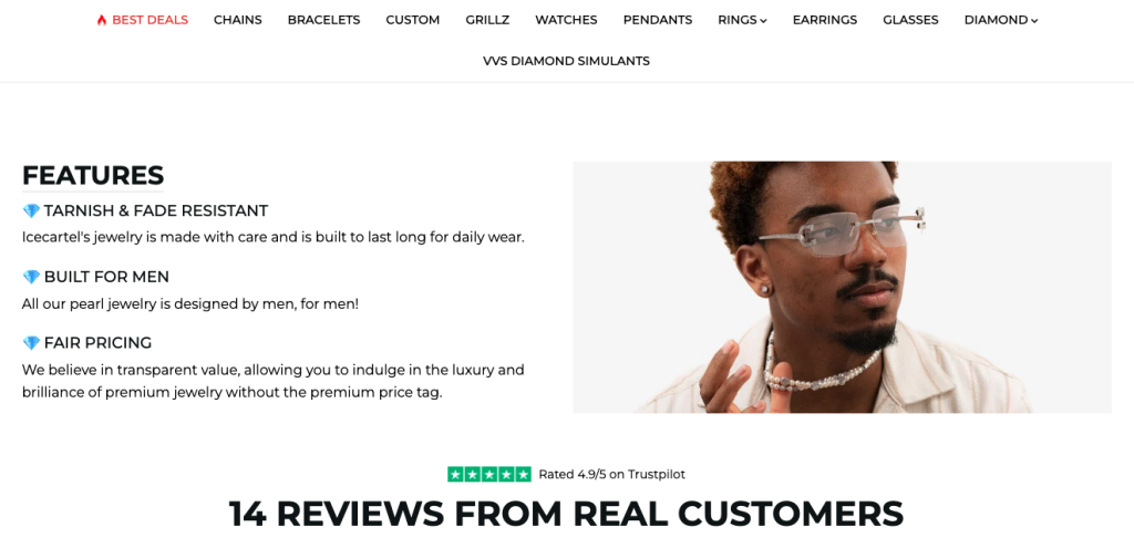 A man wearing glasses and a ring poses with his hand near his face. Text highlights jewellery features: tarnish & fade resistant, built for modern consumers, fair pricing. Below, it notes a 4.9/5 Trustpilot rating and 14 customer reviews.