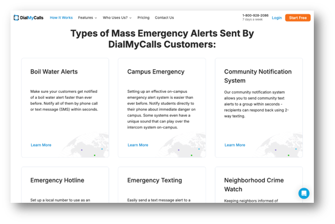 Screenshot of a webpage titled Types of Mass Emergency Alerts Sent By DialMyCalls Customers, showing six alert types that help fix buyer hesitation and keep your sales funnel moving: Boil Water Alerts, Campus Emergency, Community Notification System, and more.