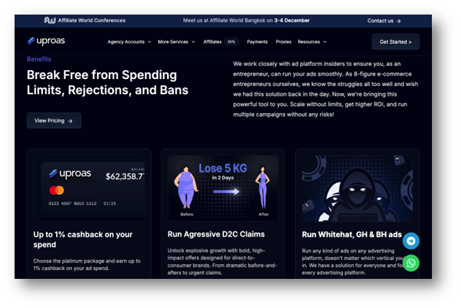 A website homepage for uproas shows financial stats, cashback offers, weight loss claims, and platform services for digital advertising. The dark theme design with white text helps users focus on conversion optimisation with various clickable buttons.
