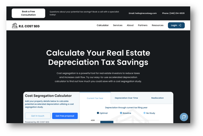 Screenshot of a website titled “Calculate Your Real Estate Depreciation Tax Savings,” featuring a navigation menu, a sales funnel, a call-to-action button for a free consultation, and a section for a cost segregation calculator.