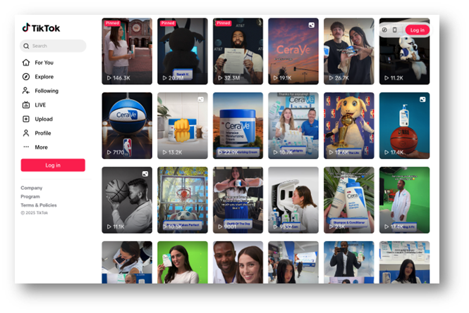 A TikTok dashboard displays a grid of videos, many featuring CeraVe skincare products. The left sidebar offers navigation like For You, Explore, and Log in—perfect for brands aiming to fix buyer hesitation in their sales funnel with engaging content.