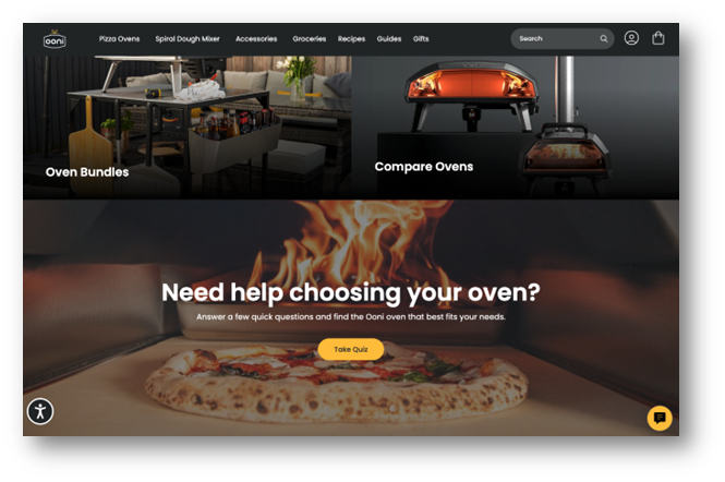 A website homepage displays options for oven bundles, comparing ovens, and a quiz to help buyers hesitate less in the sales funnel. A pizza is baking in a wood-fired oven with flames, and navigation links are visible at the top.