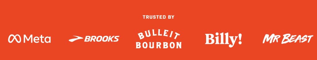 Logos of Meta, Brooks, Bulleit Bourbon, Billy!, and Mr Beast are displayed on an orange background with the text TRUSTED BY above them, emphasising how trustworthy websites can lead to higher conversions.
