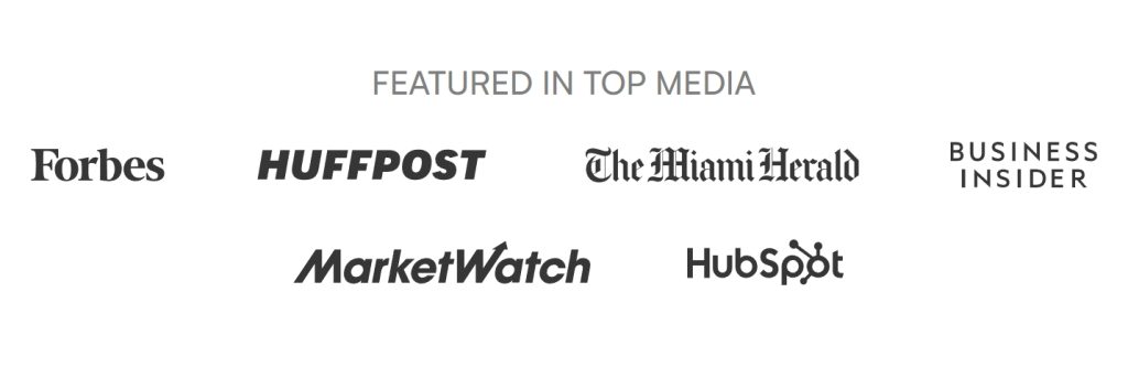 Logos of media outlets Forbes, HuffPost, The Miami Herald, Business Insider, MarketWatch, and HubSpot with the text Featured in Top Media above them on a white background—showcasing trustworthy websites that drive higher conversions.