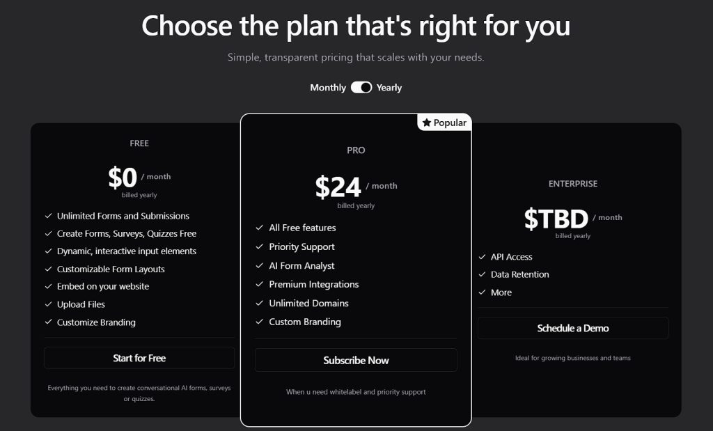 Pricing table with three plans: Free (£0/month), Pro (£24/month), and Enterprise (custom pricing). Highlighting Pro as Most Popular, this layout drives conversions for trustworthy websites. Choose monthly or yearly billing above.