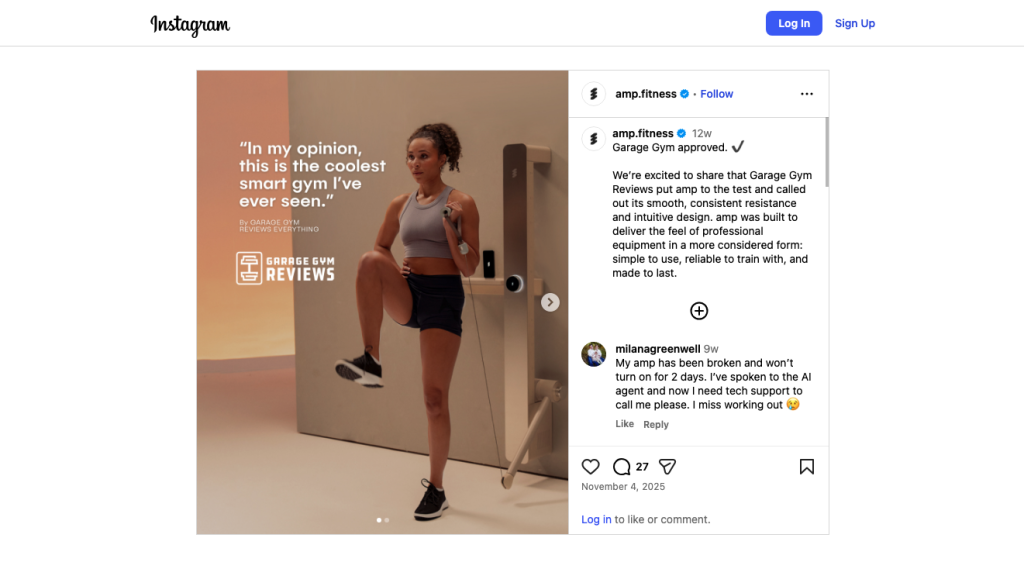A woman in gym wear uses a smart gym machine in a modern setting. Text reads: In my opinion, this is the coolest smart gym I've ever seen—it's clear why it has such strong brand trust. Logo: Garage Gym Reviews. Instagram post with related caption and comments on the right.