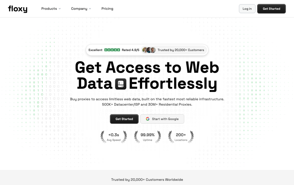 A website homepage for Floxy advertises effortless web data access, highlighting fast speed, high uptime, and 200+ locations. Trust badges and customer ratings boost brand trust, with Get Started and log in buttons at the top right.
