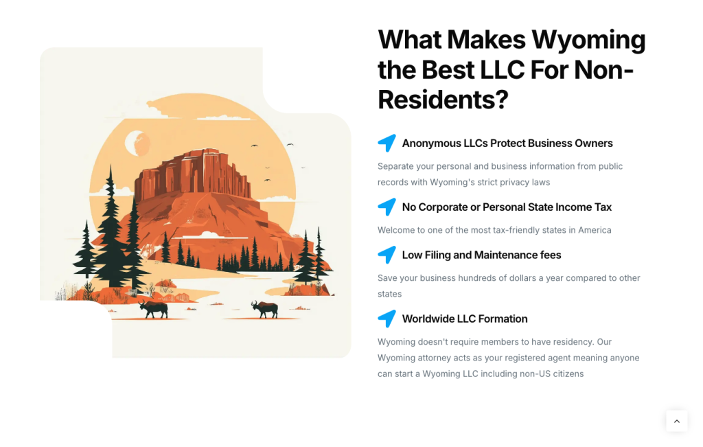An illustrated desert scene with a mesa, pine trees, and two elk, alongside text highlighting Wyoming’s LLC benefits for non-residents—such as privacy, no state income tax, low fees, and online barriers that help increase brand trust worldwide.