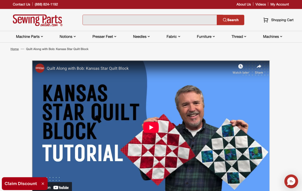 A man stands smiling whilst holding two colourful quilt blocks in front of a blue background, under large text that reads "Kansas Star Quilt Block Tutorial," helping to build brand trust on the Sewing Parts Online website.