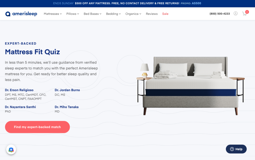 A modern bedroom scene with a neatly made bed, two bedside tables with lamps, and text promoting a Mattress Fit Quiz supported by expert sleep specialists on the Amerisleep website. Overcome online barriers and build brand trust by taking the quiz today.